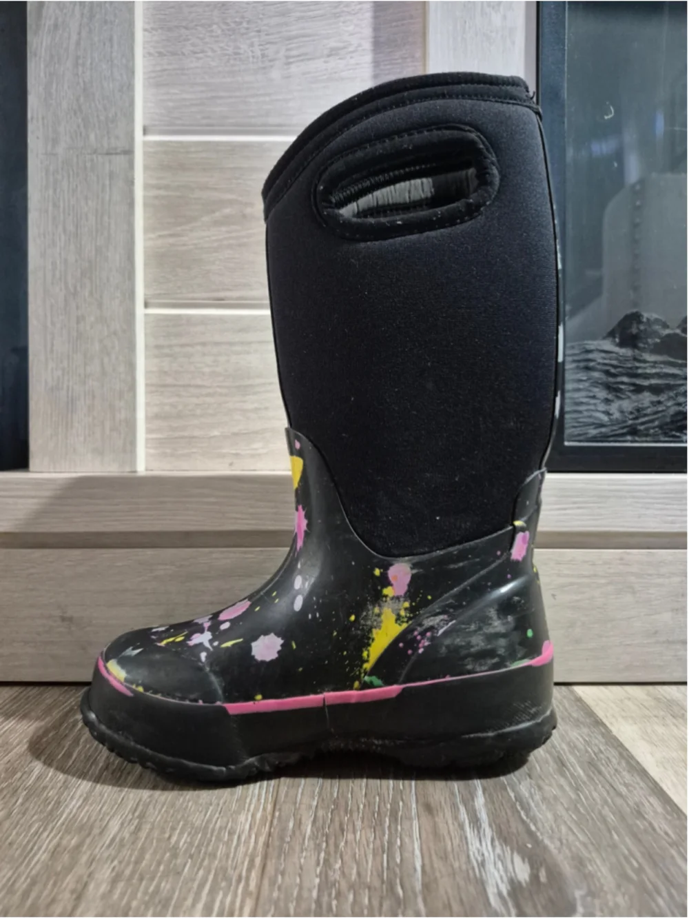 Girls Bogs Paint Splatter Rain Boots Size 11 Black Multi-color